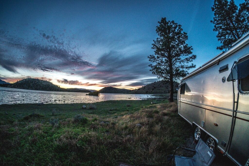 airstream, trailer, rv, camping, sunset, nature, water, lake, trees, california, lake shastina, blue camping